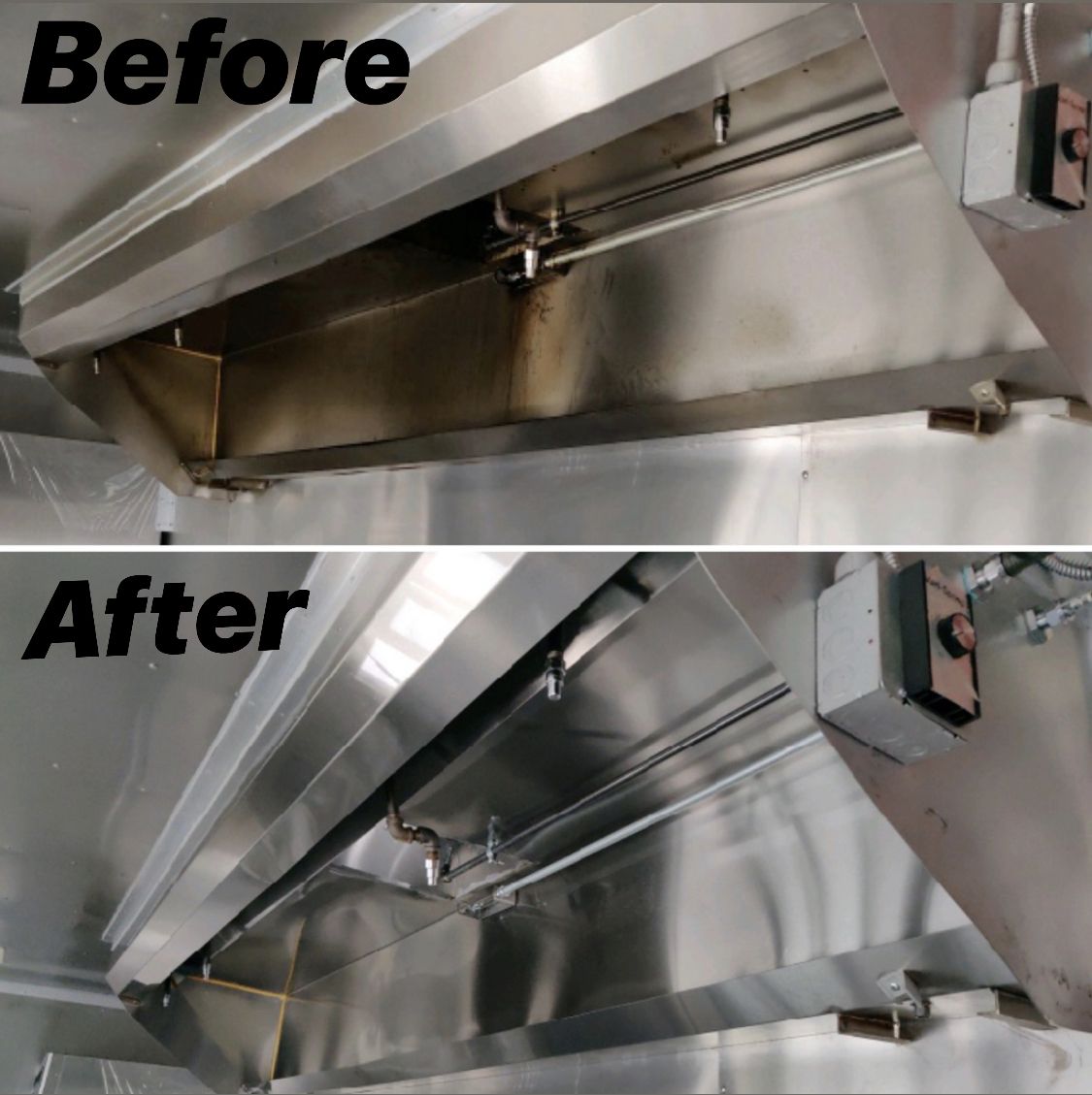 Before and after of a commercial kitchen hood cleaning